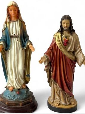 Religious Figurine Set - Mary & Sacred Heart Jesus - Blue, Cream, Red, Gold